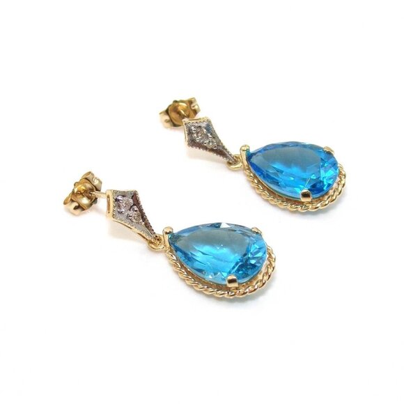 14K Yellow Gold Earrings Blue Topaz Diamond Dangle